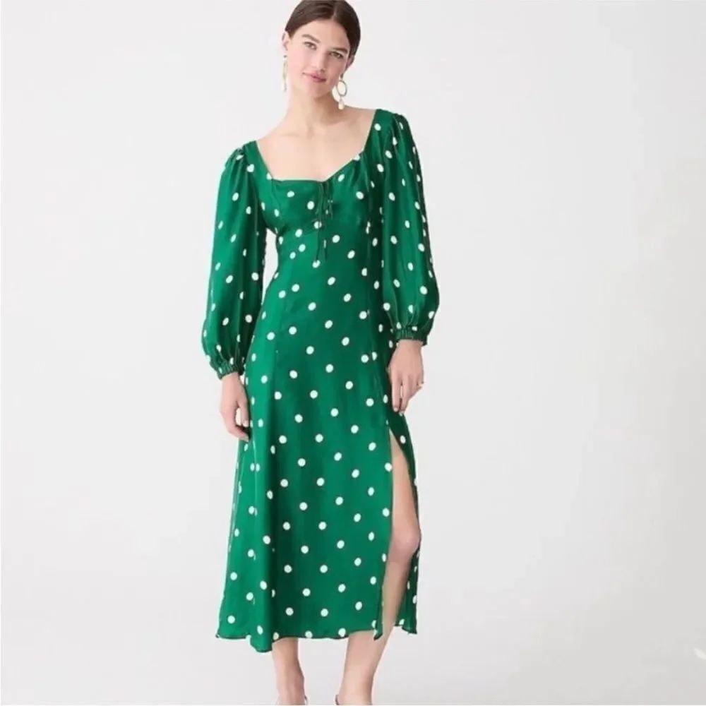 J Crew Midi Dress Women's Green White Polka Dot Long Sleeve Sweetheart Sz 4